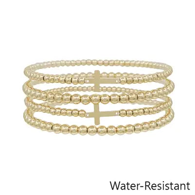"Luna" Water Resistant Set of 4 Cross Gold Beaded Stretch Bracelet