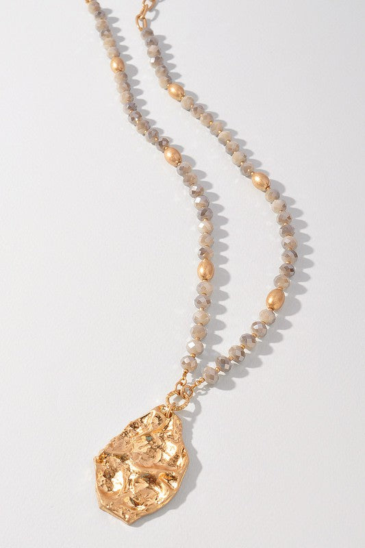 Hammered Pendant on Beaded Long Necklace
